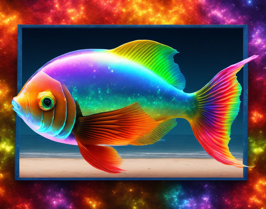 Colorful Neon Fish Swimming in Digital Frame Against Cosmic Beach