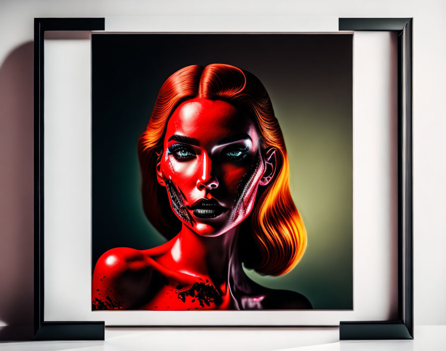 Stylized female figure in red and black with sharp contours displayed in gallery