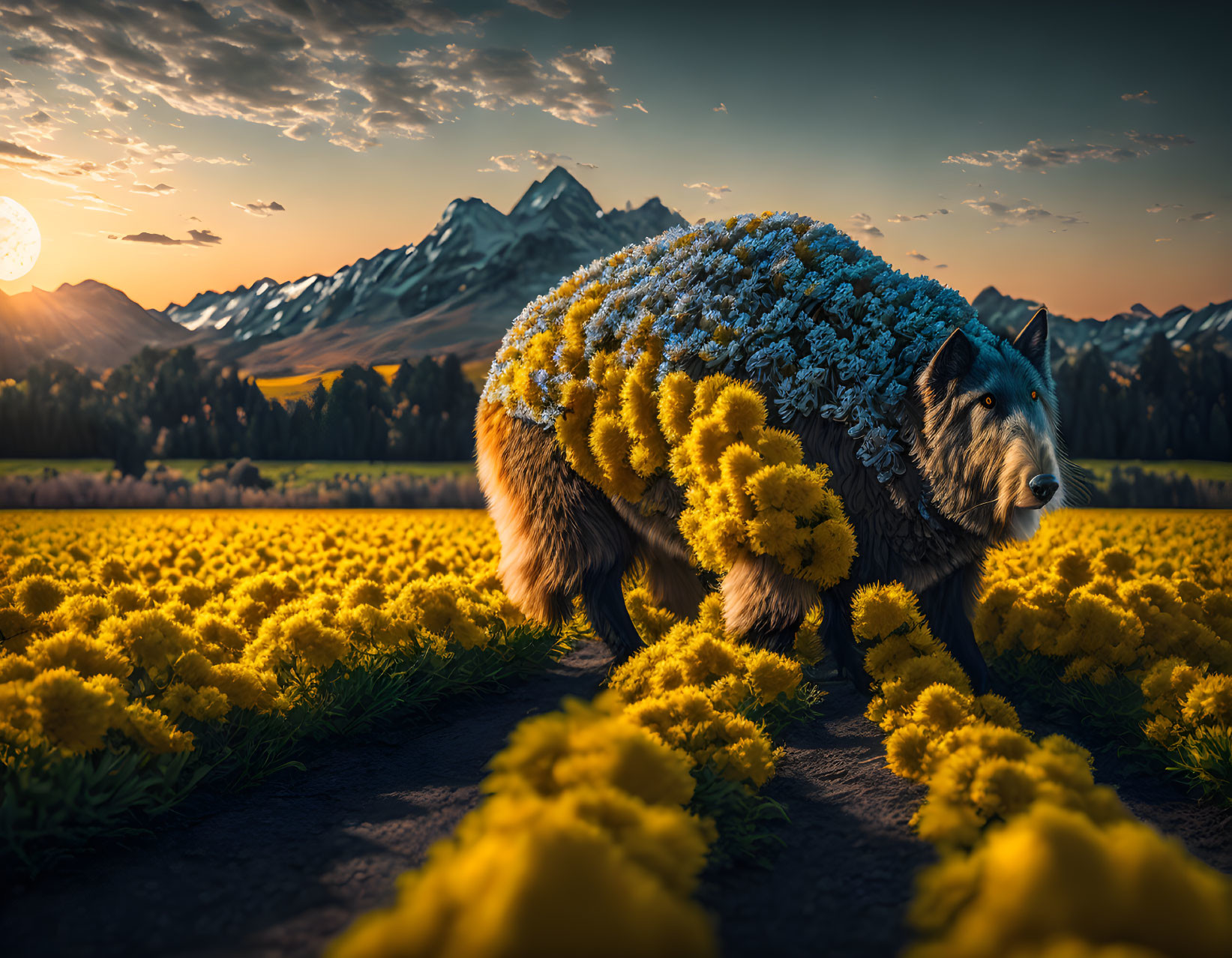 Blue and Yellow Flower Covered Bear-Like Creature in Sunlit Meadow