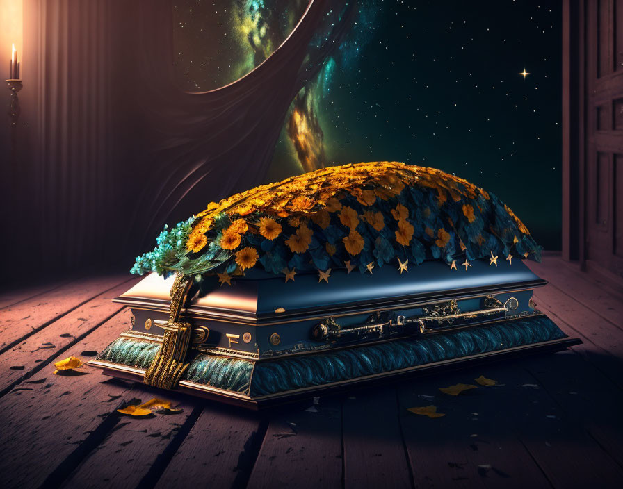 Open book with starry night sky, yellow flowers, and candles in whimsical image