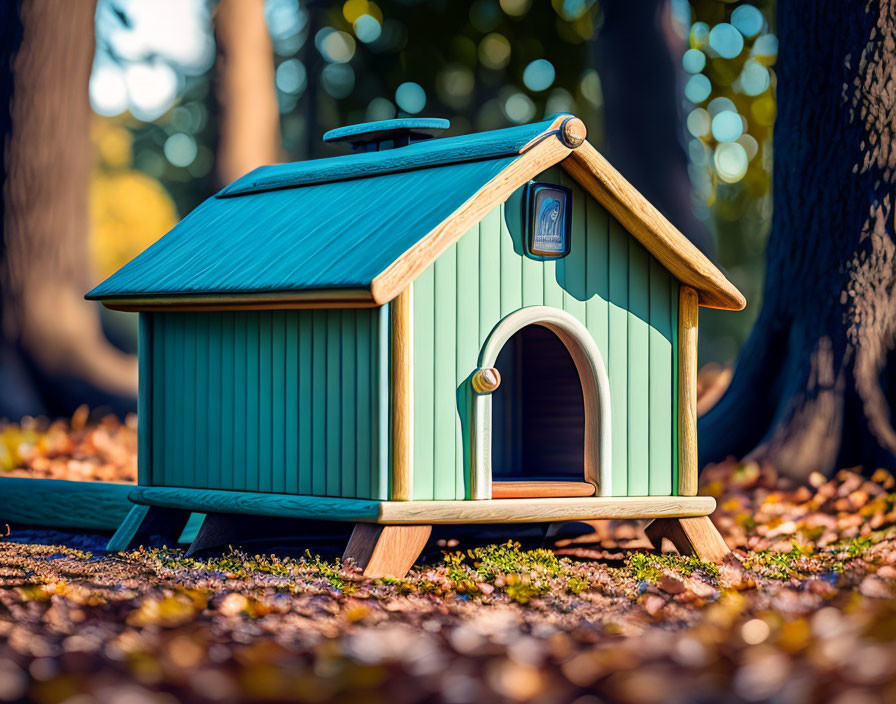 Teal Doghouse with Blue Roof in Autumn Setting