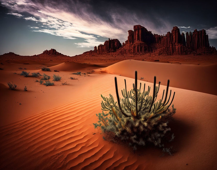 Majestic desert scenery with rippled dunes, spiky plant, and towering rocks under