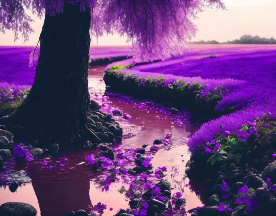 Serene purple landscape with vibrant flowers and tree by stream