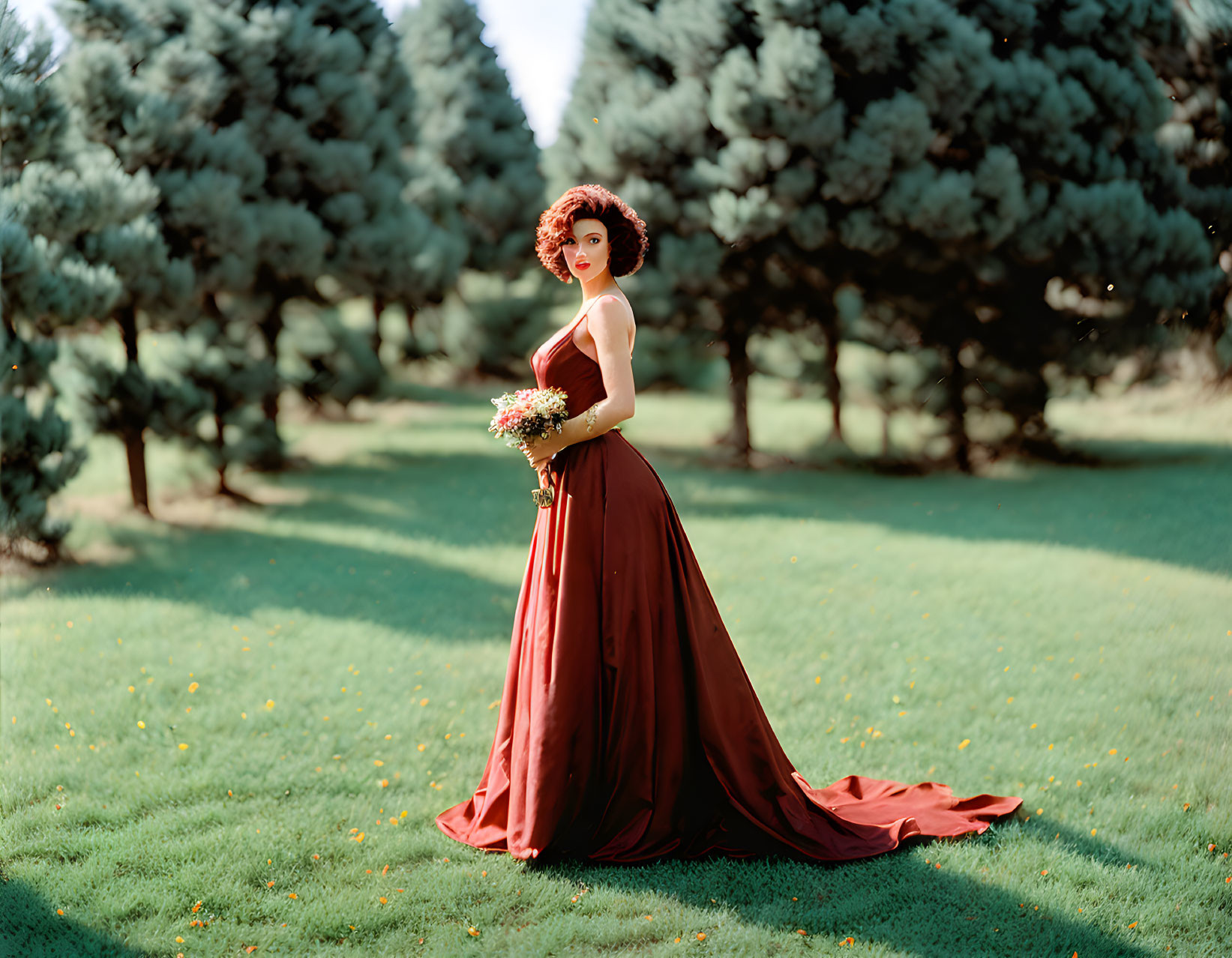 Woman in red gown with train holding bouquet in park with pine trees