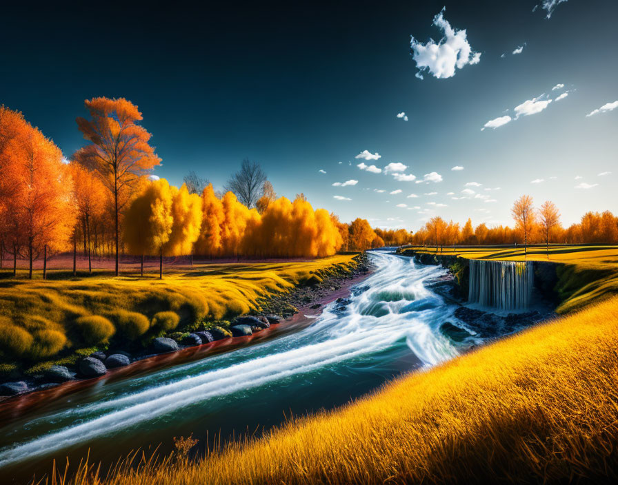 Scenic autumn landscape with waterfall, orange trees, river, grass, blue sky.