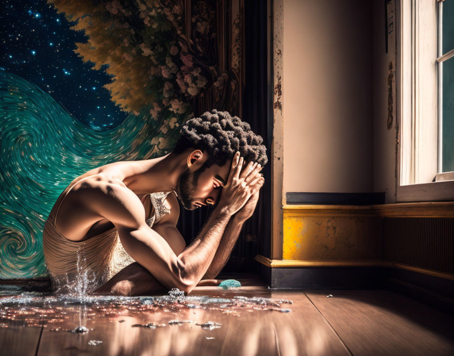 Person with Afro sits by window with shattered glass and cosmic backdrop