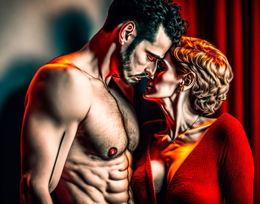 Shirtless man and woman in red dress share intimate moment against red backdrop