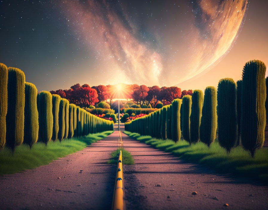 Surreal landscape with road, tall hedges, night sky, stars, and oversized planet