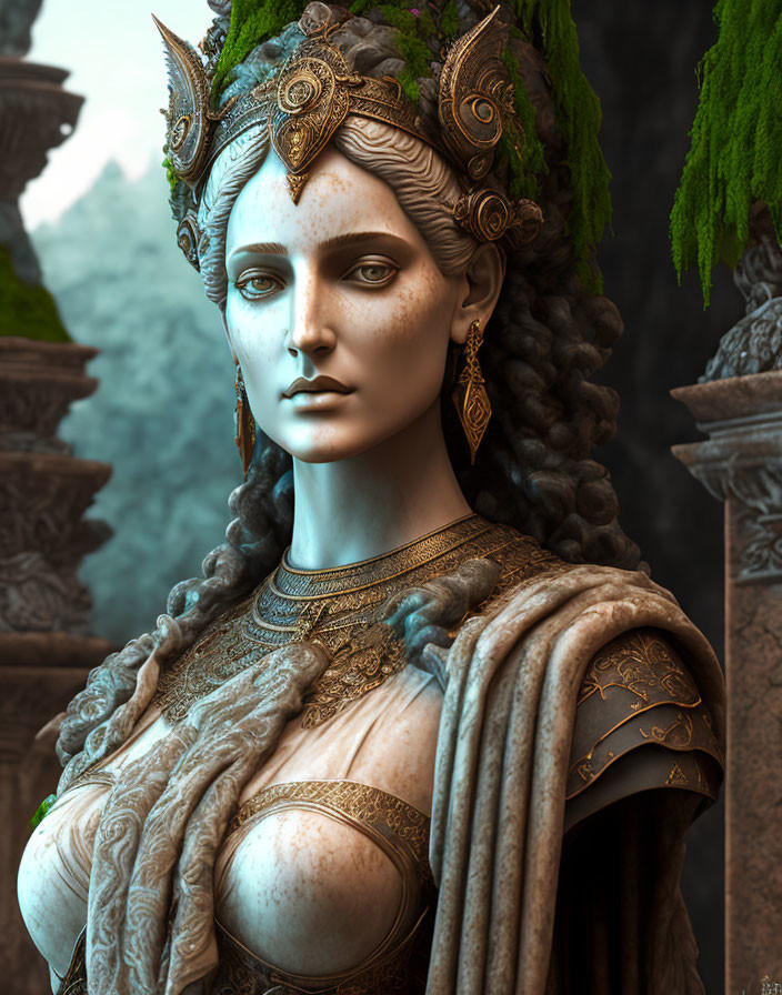 Detailed digital artwork of woman in golden headgear & bronze armor against ancient stone backdrop