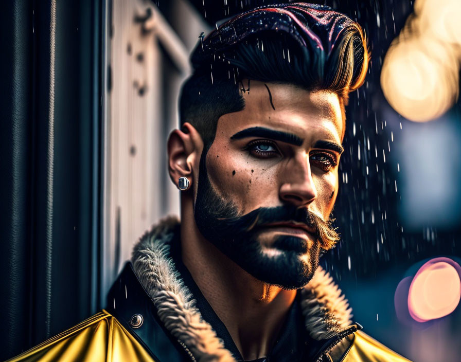 Bearded man in yellow leather jacket and fur collar in urban setting