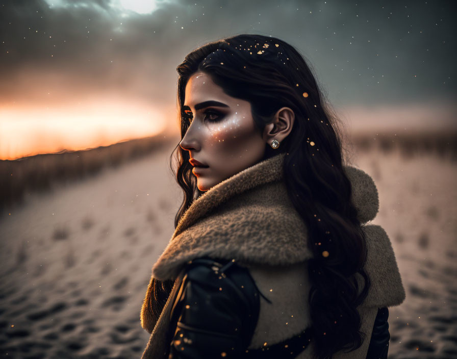 Woman in winter twilight scene with sparkling hair lights and fur-lined coat.