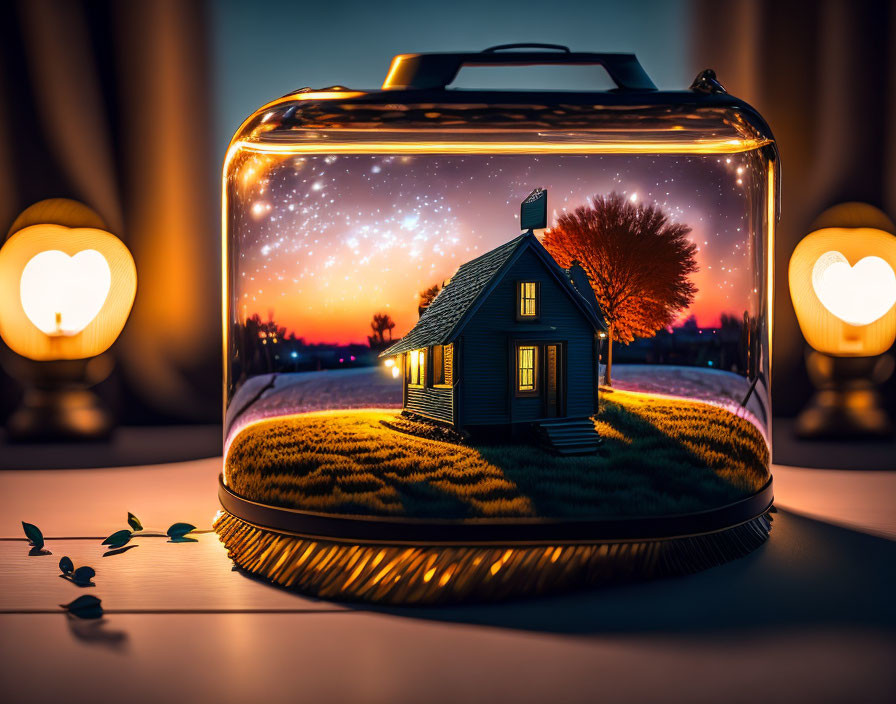 Miniature house terrarium under starry sky with heart-shaped lamps