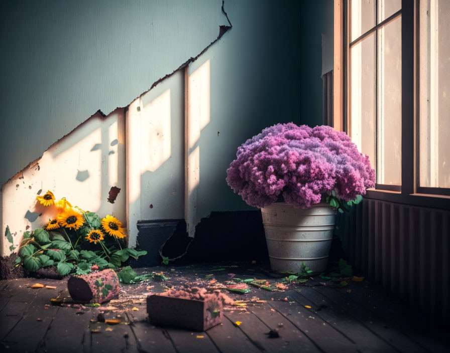 Large Purple Flower in Pot with Sunlight and Shadows in Dilapidated Room