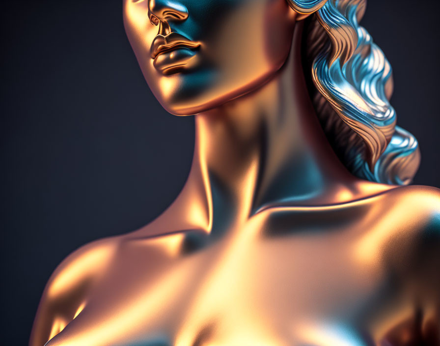 Golden statue of classical female figure with flowing hair in 3D render