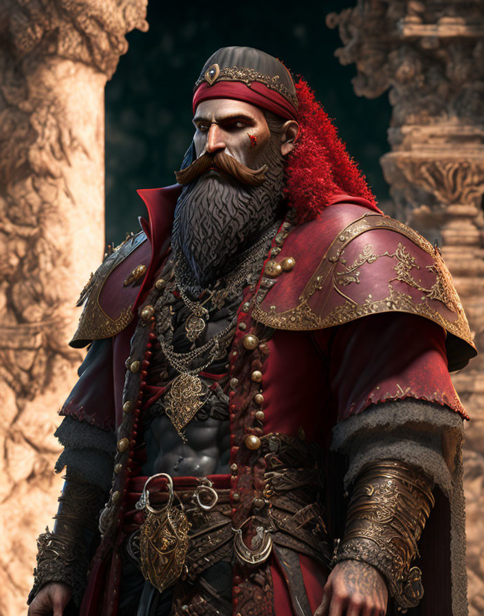 Regal Bearded Character in Red Cape with Crown and Gold Details