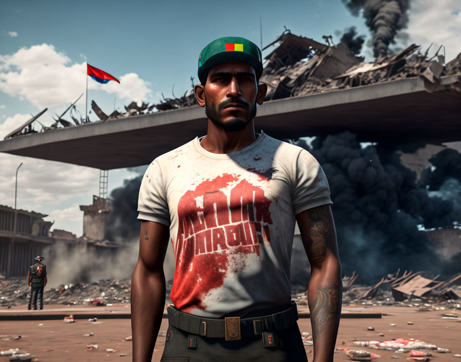 Bearded man in bloody shirt on smoky battlefield