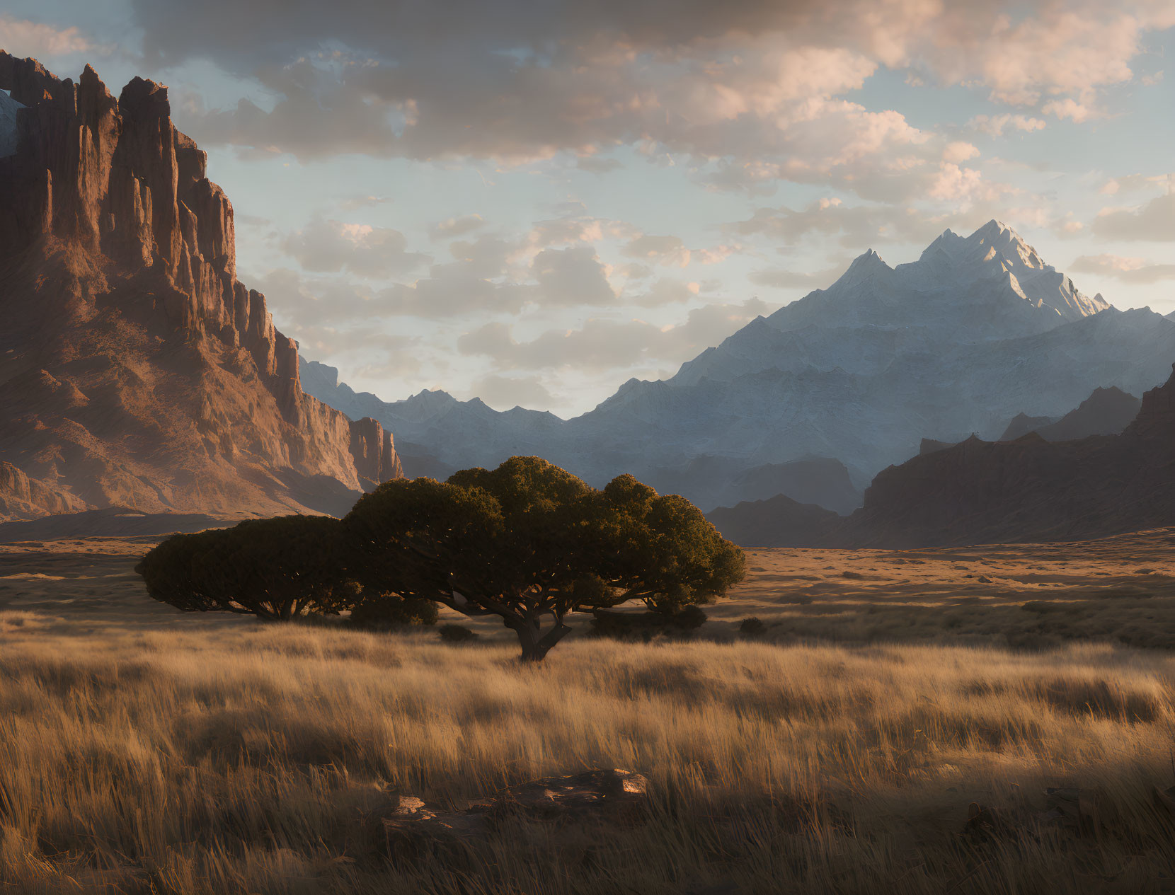 Tranquil landscape with lone tree, cliffs, and snowy mountain