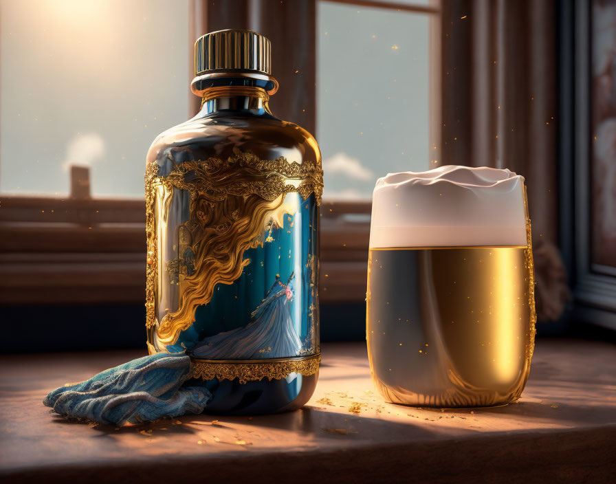 Golden liquid and cream in bottle and jar on wooden surface with sunlight and sparkling particles.