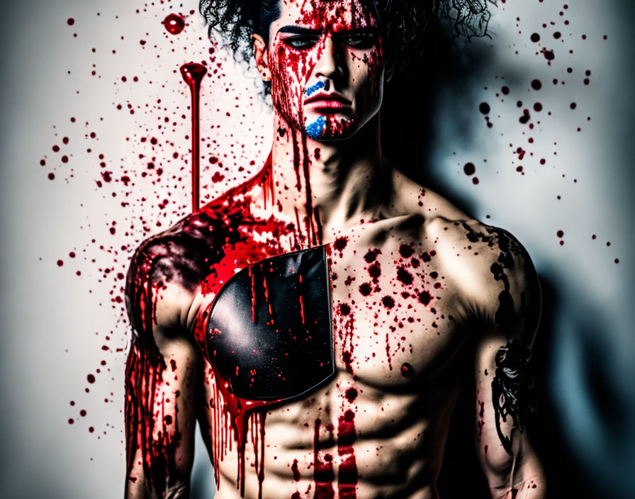 Curly Haired Person with Red Paint Splatters in Artistic Pose