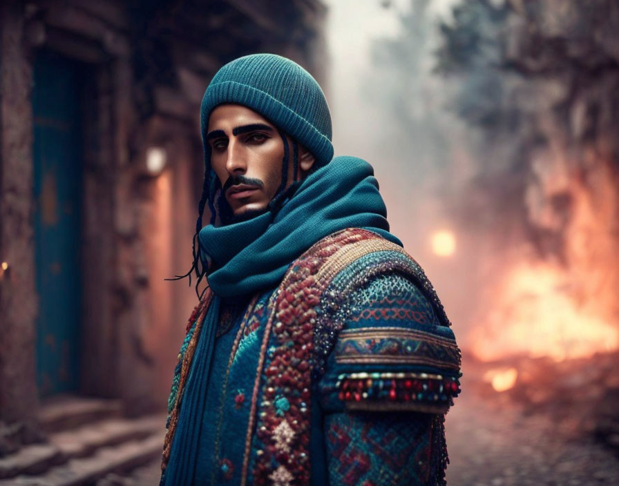 Bearded man in wool hat and scarf in smoky alley