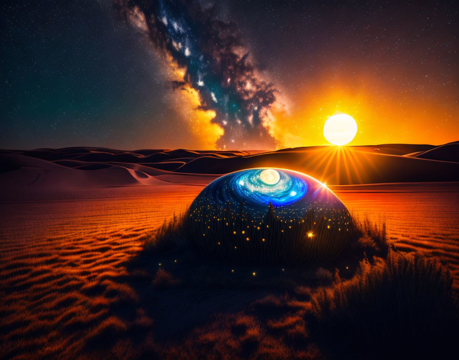 Surreal landscape with galaxy dome under orange sunset sky in desert dunes