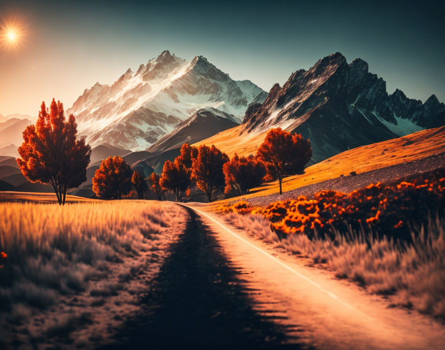 Scenic sunset view of winding road, snow-capped mountains, golden fields, autumnal trees.