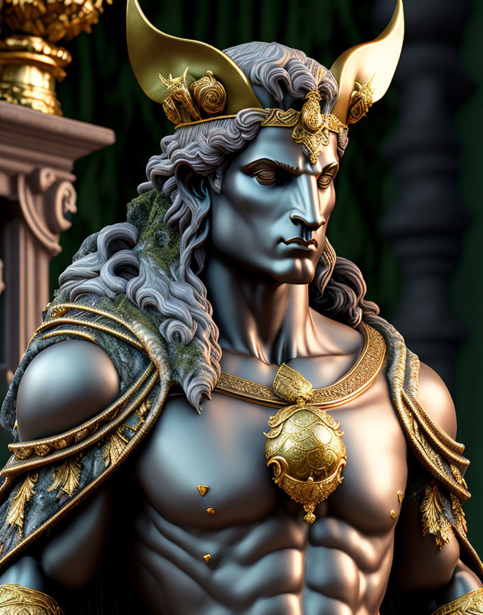 Mythological character with horns and golden armor in stern expression