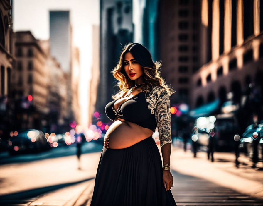 Pregnant Woman in Chic Outfit on City Street under Golden Sunlight