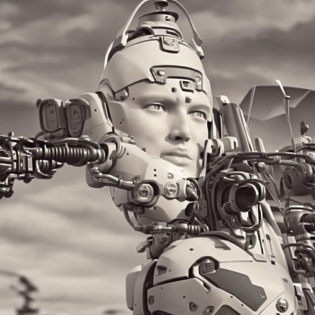 Detailed grayscale robot with serene expression in cloudy sky