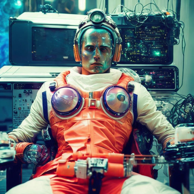 Futuristic astronaut in advanced tech setting