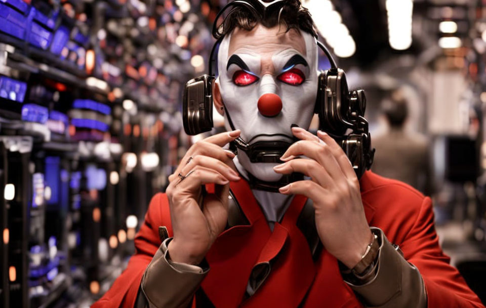 Red suit clown with futuristic headset in server room