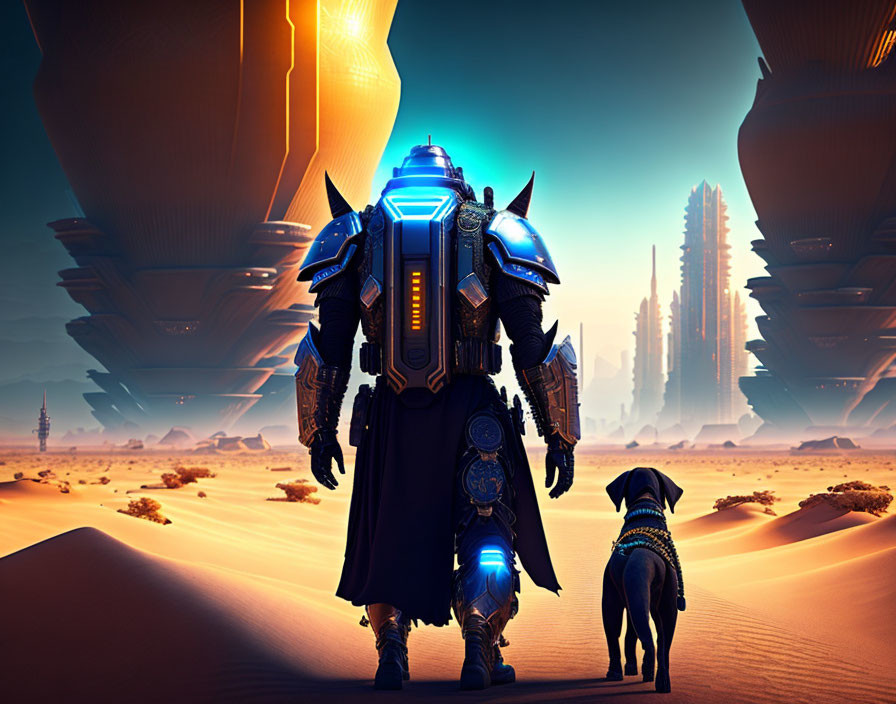 Armored Figure and Dog in Futuristic Desert City with Large Ships