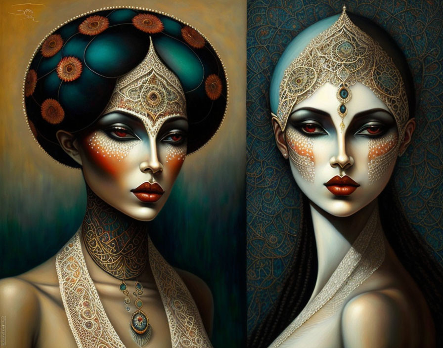 Symmetrical portraits of women with ornate headpieces and intricate designs