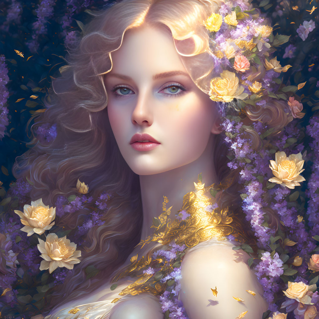 Woman with Wavy Golden Hair and Blue Eyes Surrounded by Purple and Yellow Floral Arrangement