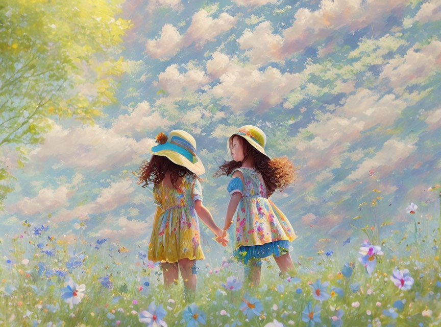 Two young girls in floral dresses holding hands in sunny meadow