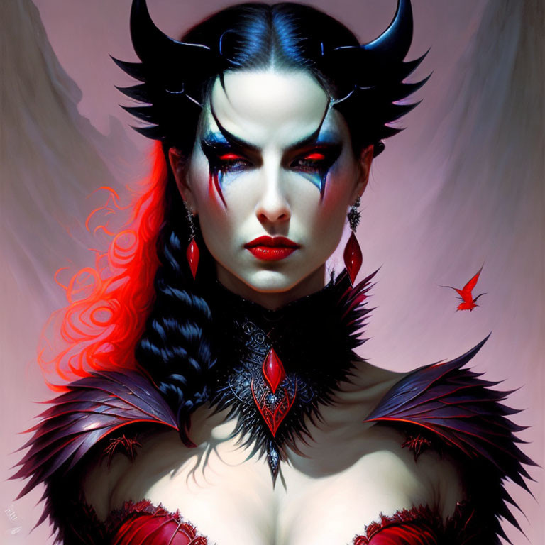 Digital Artwork: Female Character with Pale Skin, Red Eyes, Black Horns, Dark Ornate