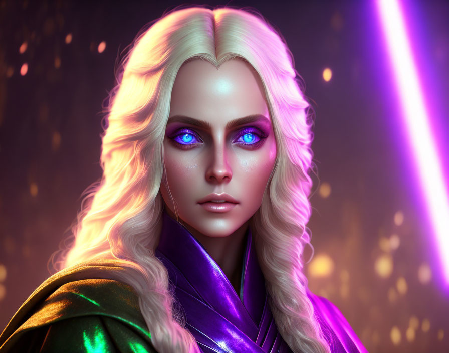 Digital Art Portrait: Woman with Glowing Blue Eyes and Iridescent Cloak