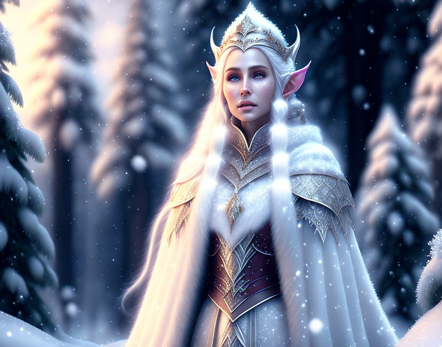 Ethereal elven queen in snowy forest with white hair and ornate armor