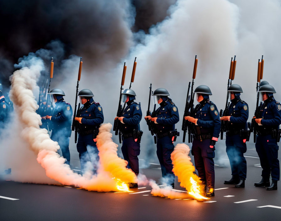 Riot police in formation amid smoke and fire at demonstration