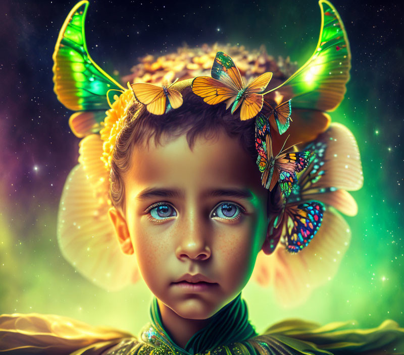 Child with Blue Eyes Wearing Butterfly Crown and Horns in Glowing Green Aura