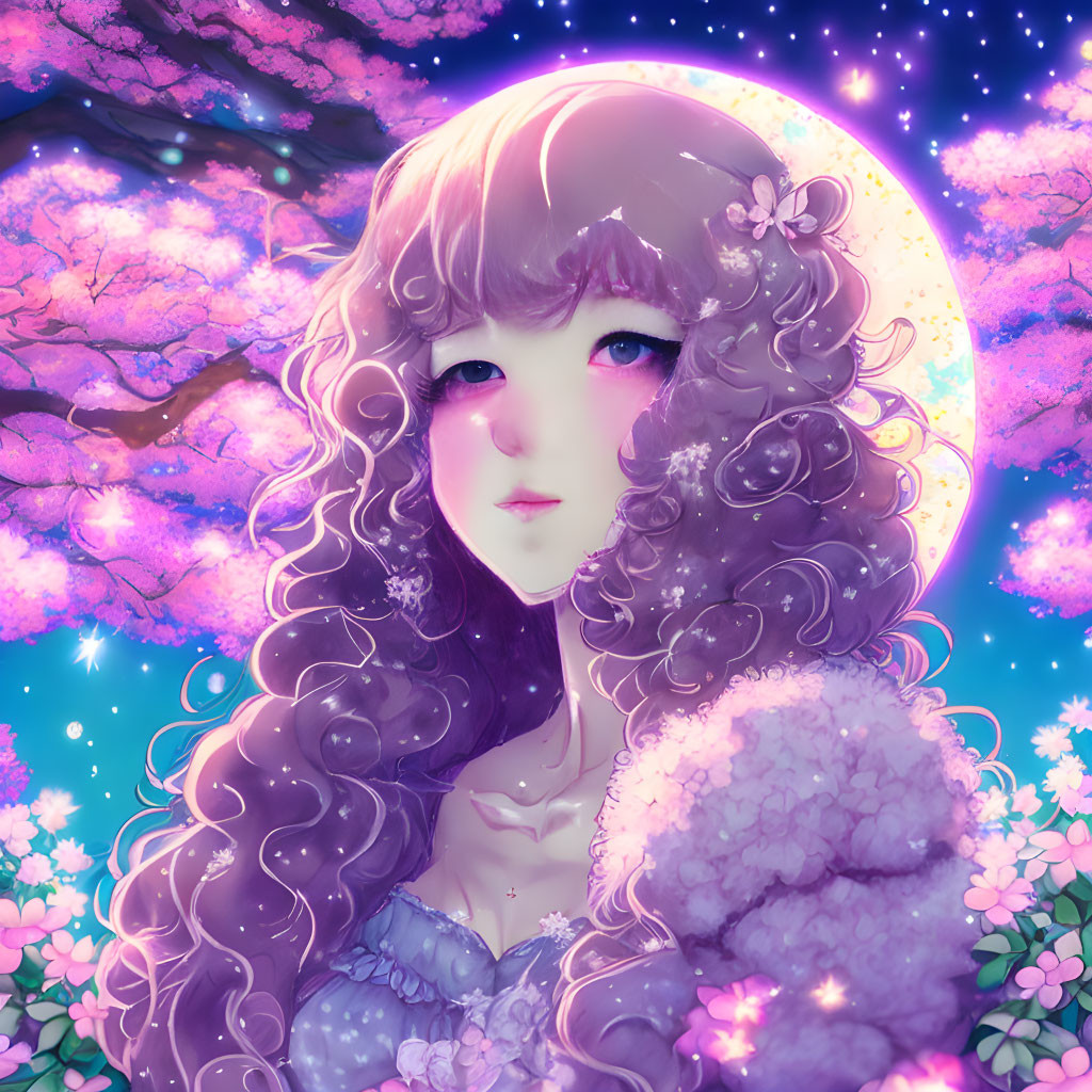 Illustration of girl with curly hair in cherry blossom scene