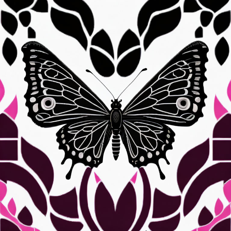 Detailed black and white butterfly illustration with intricate wing patterns on abstract background