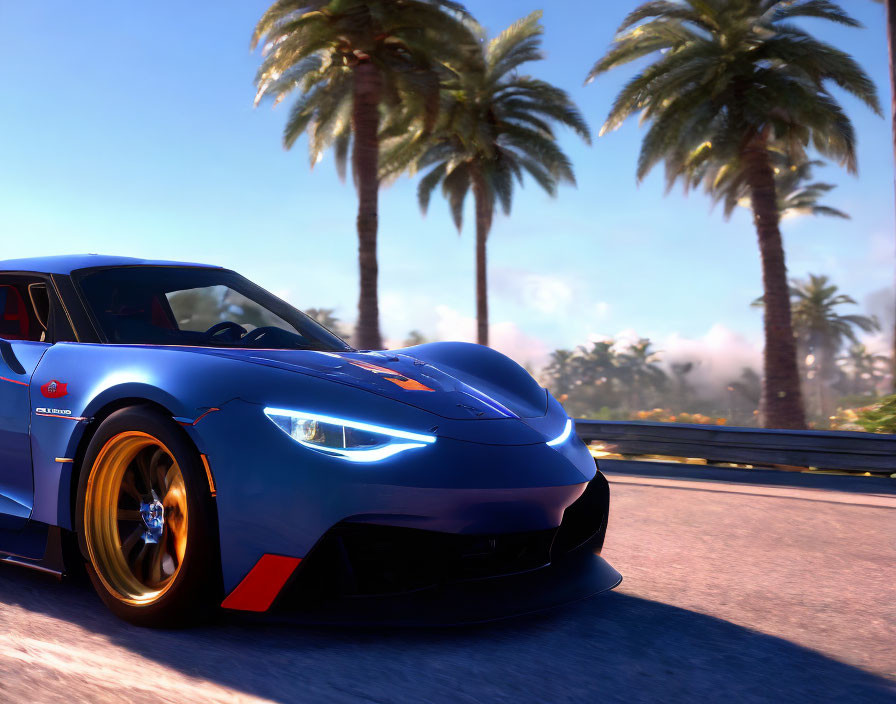 Blue Sports Car with Orange Accents Speeding on Sunlit Palm Tree-Lined Road