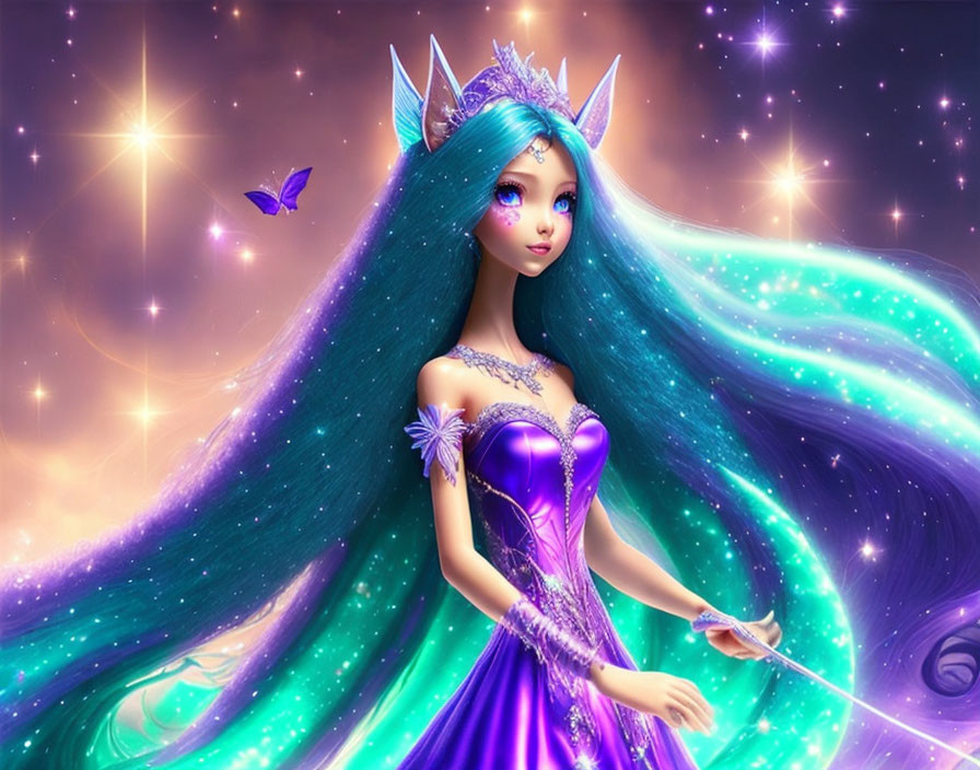 Animated fantasy princess with blue hair, purple dress, crystal tiara, wand, stars, and butterfly