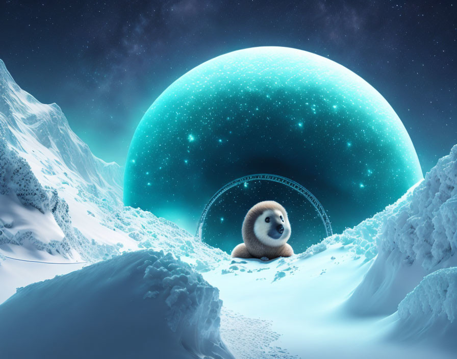 Baby seal on snowy terrain under starry sky with glowing dome and arc structure