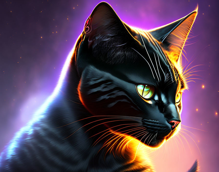 Striking Black Cat Artwork with Glowing Eyes on Cosmic Purple Background