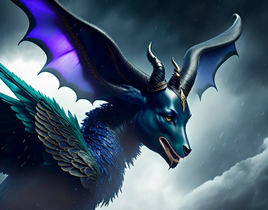 Blue-scaled dragon with purple wings and golden horns in stormy sky