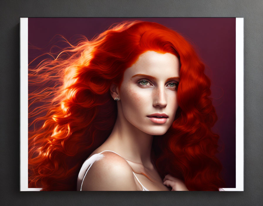 Portrait of Woman with Red Hair and Green Eyes on Gray Wall