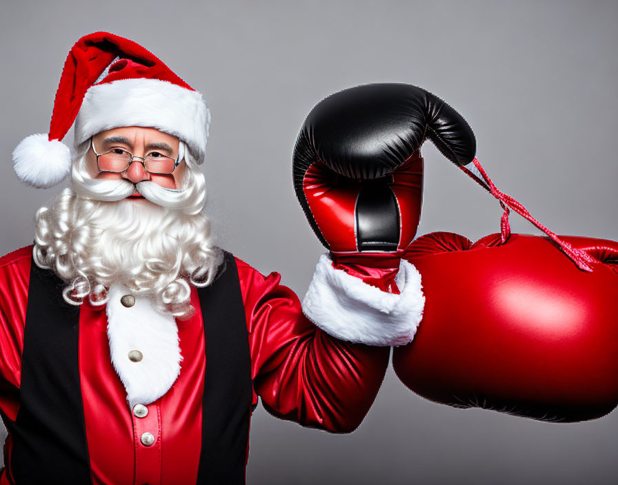 Santa Claus in Boxing Gloves Smiling on Grey Background