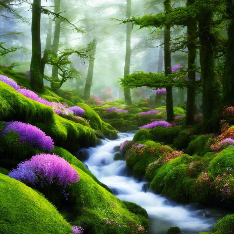 Tranquil stream in lush forest with moss-covered stones and purple flowers